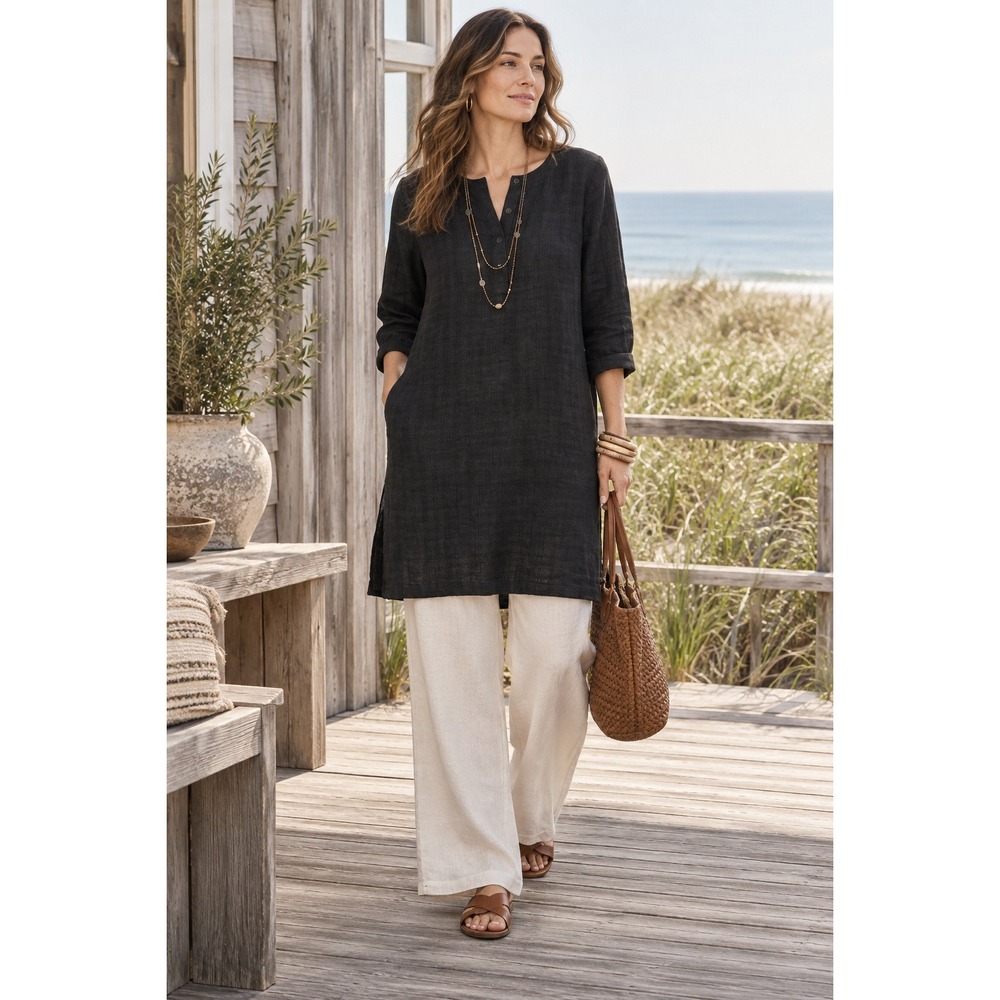 Soft Surroundings Marcellina Black Linen Cotton Gauze Tunic Dress Lined M